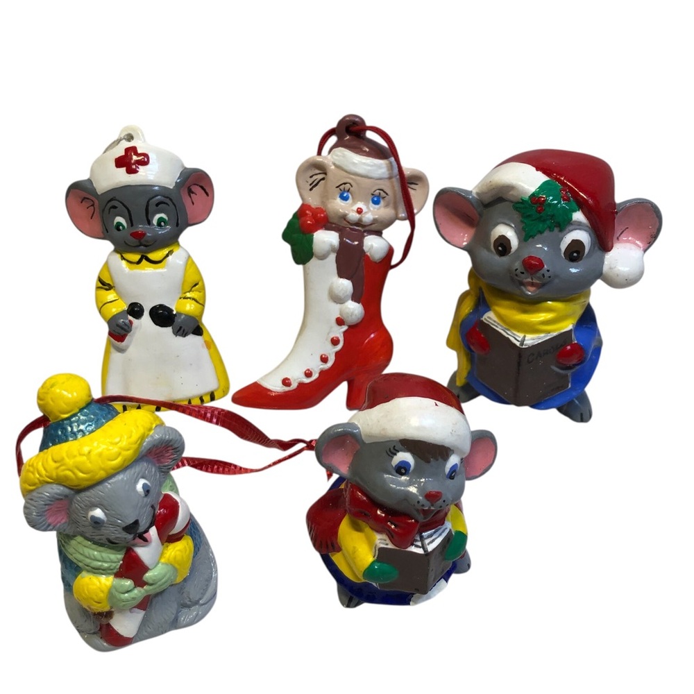 Lot of Vintage Mice Christmas Ornaments Hand Painted Nurse Carollers Boot